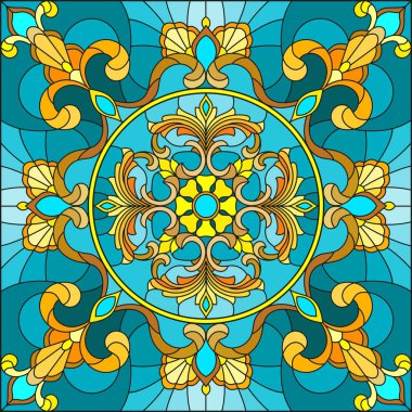 Çizimde vitray stil, çiçek süs eşyaları ve swirls n turkuaz bir arka plan ile kare ayna görüntüsü
