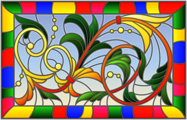 Illustratie in gebrandschilderd glas stijl met abstracte wervelingen en bladeren op een blauwe achtergrond, horizontale oriëntatie — Stockvector