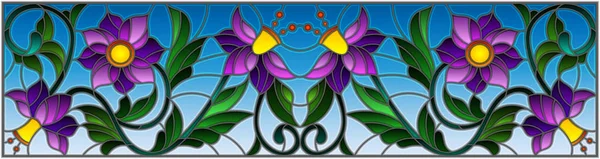 Illustration en vitrail avec tourbillons abstraits, fleurs violettes et feuilles sur fond de ciel, orientation horizontale — Image vectorielle