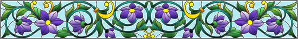 Illustration im Glasmalereistil mit abstrakten Wirbeln, lila Blüten und Blättern auf Himmelshintergrund, horizontale Ausrichtung — Stockvektor