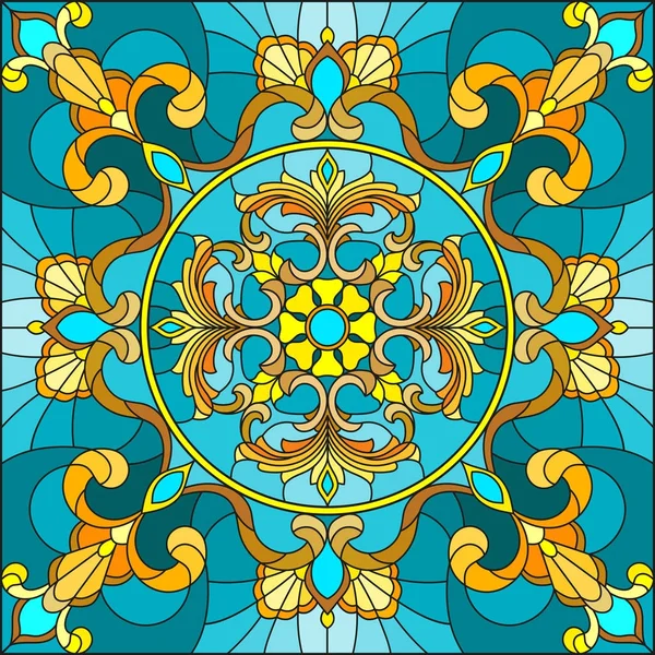 Illustration im Glasmalereistil, quadratisches Spiegelbild mit floralen Ornamenten und Wirbeln auf türkisfarbenem Hintergrund — Stockvektor