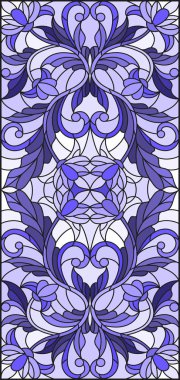 İllüstrasyon soyut swirls, vitray tarzında çiçekler ve hafif bir arka plan üzerinde dikey yönlendirme gama mavi yaprakları