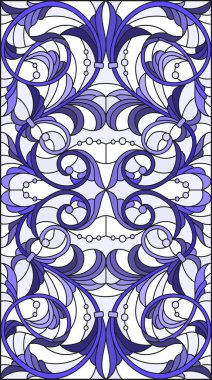 İllüstrasyon soyut swirls, vitray tarzında çiçekler ve hafif bir arka plan üzerinde dikey yönlendirme gama mavi yaprakları