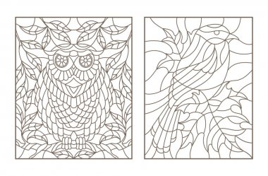 Ağaçların dalları üzerinde kuşlar ile vitray tarzında kontur illüstrasyonlar ayarla