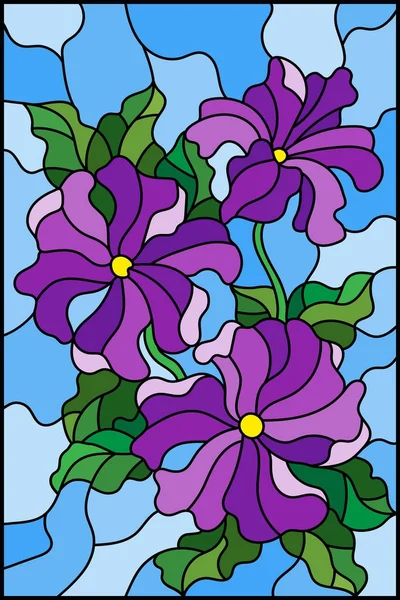 Illustration en vitrail avec trois fleurs violettes de pétunia, bourgeons et feuilles sur fond bleu — Image vectorielle