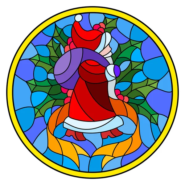 Ilustrație în stil vitralii Moș Crăciun, cu panglică și Holly pe o imagine rotundă de fundal albastru — Vector de stoc