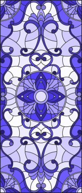 İllüstrasyon soyut swirls, vitray tarzında çiçekler ve hafif bir arka plan üzerinde dikey yönlendirme gama mavi yaprakları