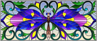 Vitray tarz ile parlak yusufçuk ve gökyüzü arka plan üzerinde çiçek süsleme çizimde