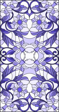 İllüstrasyon soyut swirls, vitray tarzında çiçekler ve hafif bir arka plan üzerinde dikey yönlendirme gama mavi yaprakları