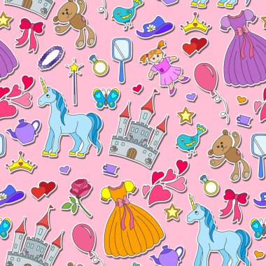 Seamless modeli hobi temalı bebek kızlar ve oyuncaklar, pembe bir arka plan etiketleri simgeleri