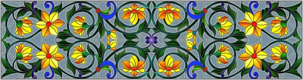 Illustration en vitrail avec tourbillons abstraits, fleurs jaunes et feuilles sur fond gris, orientation horizontale — Image vectorielle