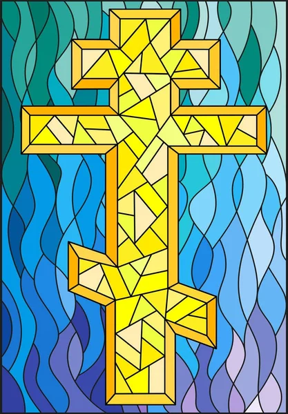 Ilustración en estilo vitral con una cruz amarilla sobre un fondo azul ondulado — Vector de stock