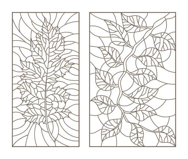 Set overzicht illustraties in het gebrandschilderd glas met bladeren — Stockvector