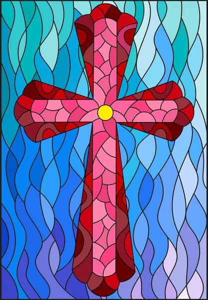 Ilustración en estilo vitral con una cruz roja sobre un fondo azul ondulado — Vector de stock