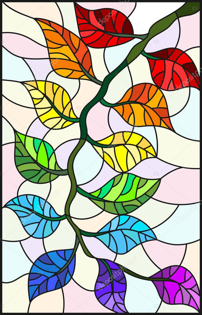 Illustration in stained glass style plant branch with leaves in bright colors on a light background