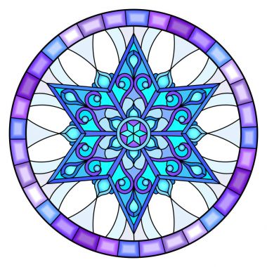 Vitray tarzı illüstrasyon mavi kar tanesi ile görüntü yuvarlak bir çerçeve içinde renkler