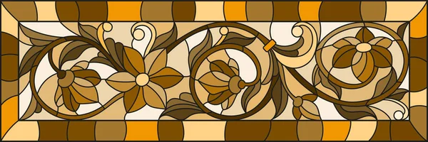 Ilustração em estilo vitral com redemoinhos abstratos, flores e folhas em um fundo claro, orientação horizontal, sépia — Vetor de Stock