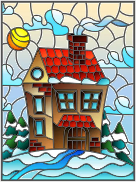 Illustrazione in stile vintage paesaggio invernale, casa di paese e abeti su uno sfondo di neve, cielo e sole — Vettoriale Stock