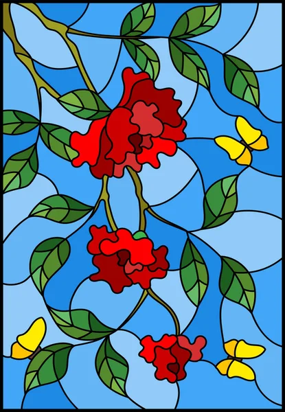 Ilustración en estilo vitral con flores, hojas de rosa y mariposas sobre fondo azul — Archivo Imágenes Vectoriales