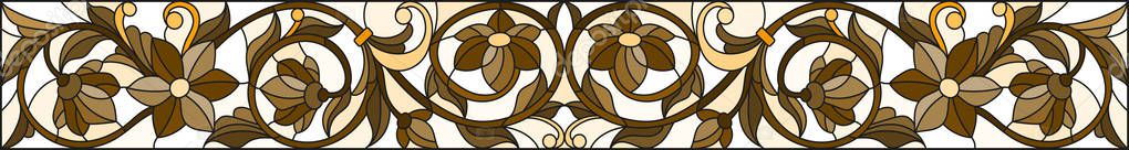 Illustration in stained glass style with abstract  swirls ,flowers and leaves  on a light background,horizontal orientation, sepia