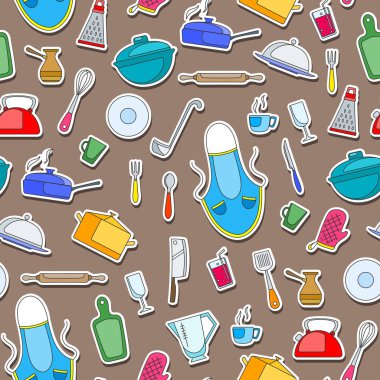 Yemek ve mutfak gereçleri, kahverengi arka plan basit boyalı etiket simgeleri konulu seamless modeli