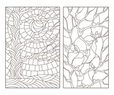 Ağaçlar ve kuşlar, koyu bir anahat ile renkli cam Windows kontur resimler üzerinde beyaz bir arka plan ayarlamak