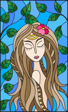 Vitray tarzı resim olan bir kızla Kahverengi saç ve ağaç dalları zemin üzerine mavi gökyüzü illüstrasyon