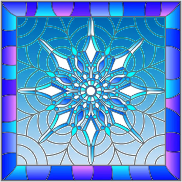 Vitray tarzı illüstrasyon kar tanesi bir çerçeve içinde mavi renk ile 