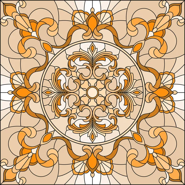 Illustration en vitrail avec des tourbillons abstraits et des feuilles sur un fond clair, orientation carrée, sépia — Image vectorielle