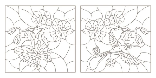 Contour illustraties van gebrandschilderd glas met een takje van orchideeën, een vlinder en een kolibrie, een donkere rand op een witte achtergrond instellen — Stockvector