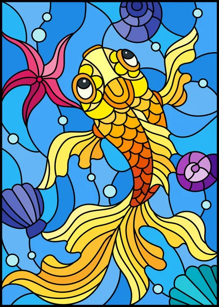 Illustration i målat glas stil med en guldfisk på en bakgrund av skal och vatten — Stock vektor