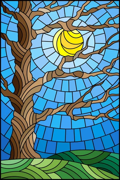 Illustration en style vitrail avec arbre nu d'automne sur fond de ciel et de soleil — Image vectorielle
