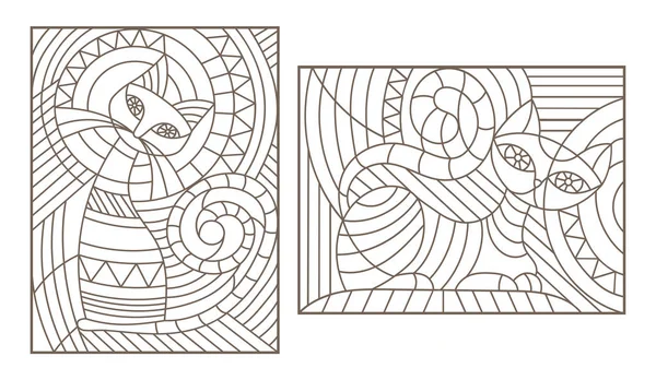 Conjunto de ilustraciones de contorno en el estilo de vidrieras con gatos abstractos — Vector de stock