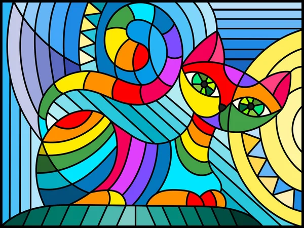 ภาพประกอบในสไตล์กระจกสีกับแมวเรขาคณิตนามธรรม — ภาพเวกเตอร์สต็อก