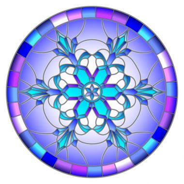 Vitray tarzı illüstrasyon mavi kar tanesi ile görüntü yuvarlak bir çerçeve içinde renkler