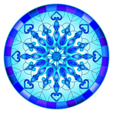 Vitray tarzı illüstrasyon mavi kar tanesi ile görüntü yuvarlak bir çerçeve içinde renkler