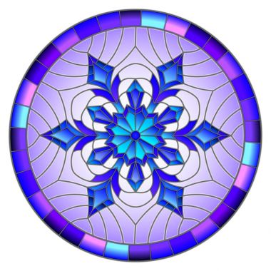 Vitray tarzı illüstrasyon mavi kar tanesi ile görüntü yuvarlak bir çerçeve içinde renkler