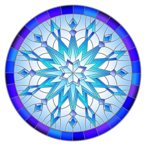 Ilustración en estilo vitral con copo de nieve en colores azules en un marco, imagen redonda — Vector de stock