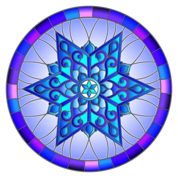 Illustration im Glasmalereistil mit Schneeflocke in blauen Farben in einem Rahmen, rundes Bild — Stockvektor