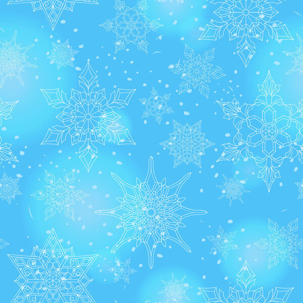 Seamless pattern on the theme of winter and winter holidays, the contour of the snowflake and flare, white snowflakes on a blue background