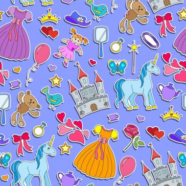 Seamless modeli hobi temalı bebek kız ve oyuncaklar, mor bir arka plan etiketleri simgeleri