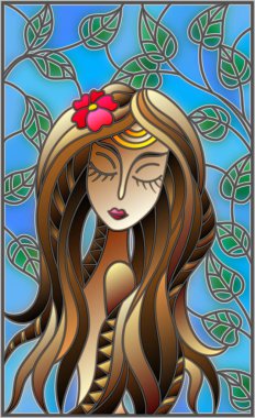 Vitray tarzı resim olan bir kızla Kahverengi saç ve ağaç dalları zemin üzerine mavi gökyüzü illüstrasyon