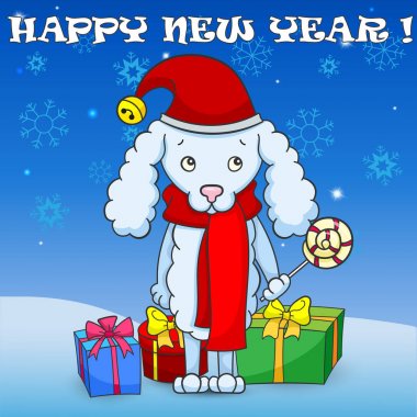 Gösterim amacıyla yeni yıl ve Noel, karikatür köpek bir yeni yıl kar, kar taneleri, hediye kutuları ve etiketleri ile gökyüzü arka plan üzerinde Doğu takvimde sembolüdür