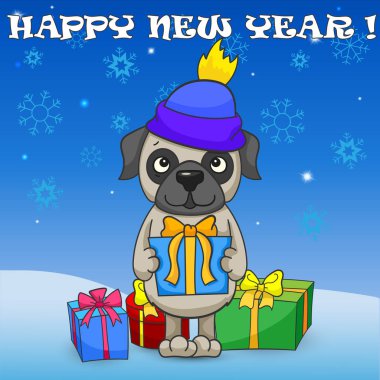 Gösterim amacıyla yeni yıl ve Noel, karikatür köpek bir yeni yıl kar, kar taneleri, hediye kutuları ve etiketleri ile gökyüzü arka plan üzerinde Doğu takvimde sembolüdür