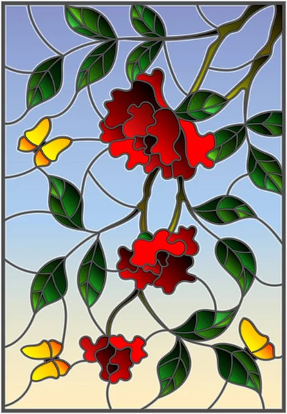 Ilustración en estilo vitral con flores, hojas de rosa y mariposas sobre el fondo del cielo — Vector de stock