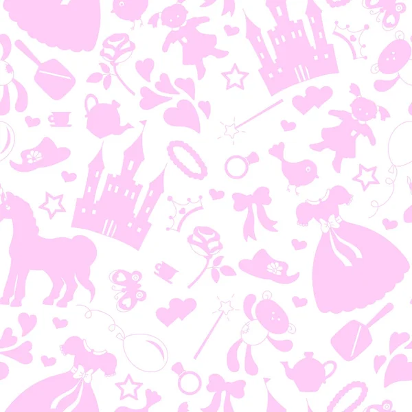 Patrón sin costuras sobre el tema de Hobbies bebé niñas, accesorios y juguetes, los contornos de los objetos iconos de color rosa sobre un fondo blanco — Vector de stock