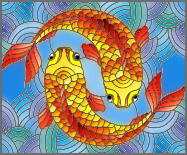 Vitray stil su zemin üzerine altın balık bir çift ile resimde — Stok Vektör