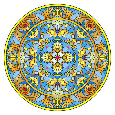 Vitray stil, ayna görüntüsü çiçek süs eşyaları ve swirls ile yuvarlak resimde