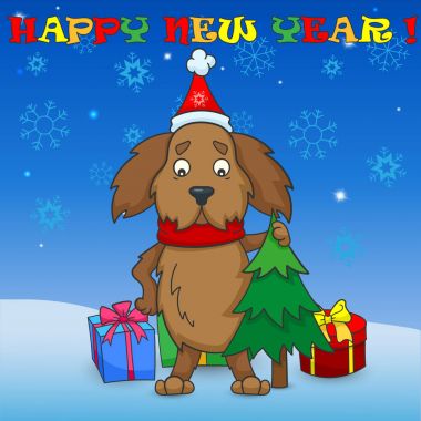Gösterim amacıyla yeni yıl ve Noel, karikatür köpek bir yeni yıl kar, kar taneleri, hediye kutuları ve etiketleri ile gökyüzü arka plan üzerinde Doğu takvimde sembolüdür