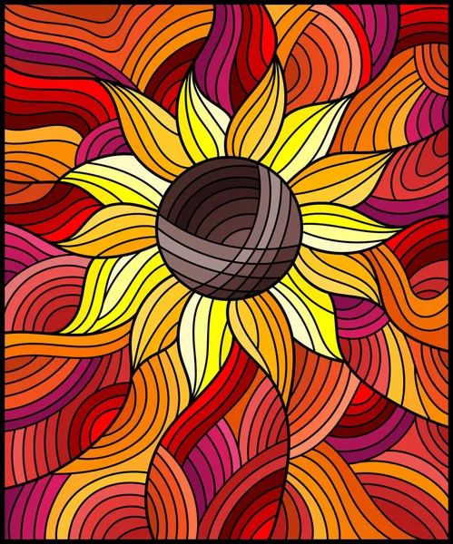 Illustration en style vitrail avec fleur abstraite orange vif sur fond ondulé rouge — Image vectorielle